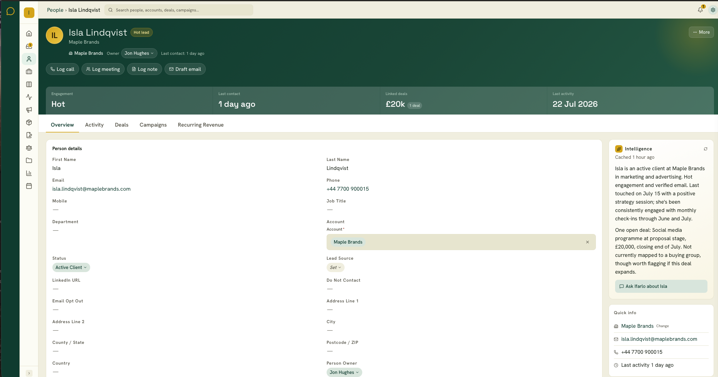 A single contact record showing logged meetings, open deals and a plain English summary